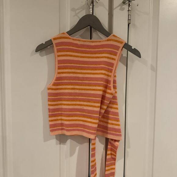 L’ACADAMIE Gina Draped Cropped Tank Wrap Vest Pink Lemon Stripe | Small - Picture 7 of 9